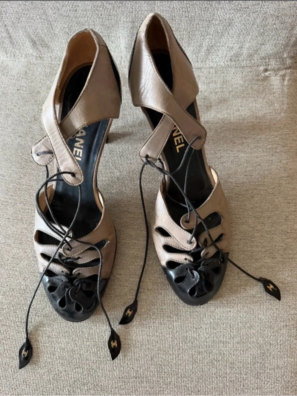 CHANEL Spectator T-Strap Pumps - a beige Gray & Black Patent Leather